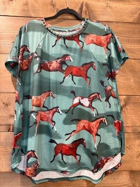 Double D Ranch Studded Collar Horse Print Top